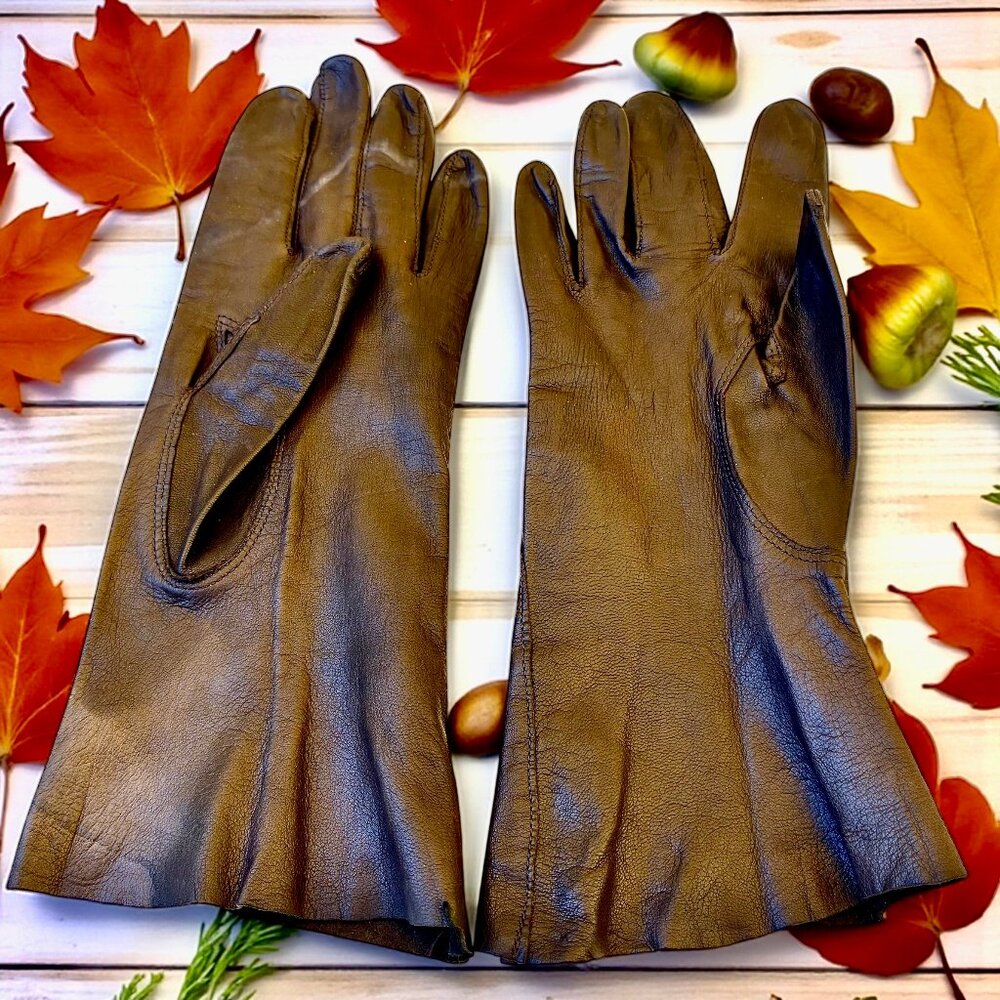 Vintage Brown Leather Gloves Unlined Above Wrist WASHABLE Womens 7.5